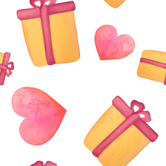 yellow gift boxes and hearts seamless pattern background. watercolor holiday print for wrapping gifts, stickers, tape, ribbons. Happy Birthday, valentine's day, Merry Christmas cards design, wallpaper