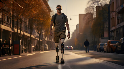 Disabled young man with prosthetic legs walking in the street. AI generated image.