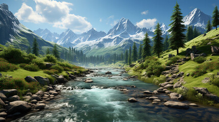 Obraz premium Floating River Water Surrounded By Big Snow Moutains Background