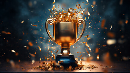 Gold cup standing on wooden table against bokeh background. 3D illustration. - obrazy, fototapety, plakaty