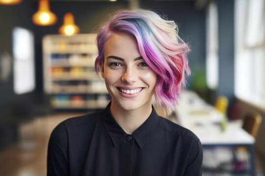 portrait of smiling young woman with dyed pink and blue  hair in office