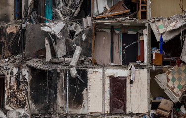 destroyed and burned houses in the city during the war in Ukraine
