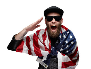 Patriot hipster man holding emotionally american usa flag over transparent background