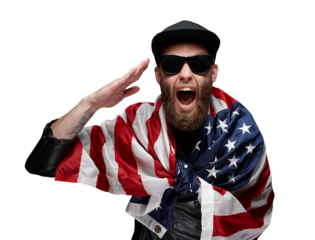 Patriot hipster man holding emotionally american usa flag over transparent background