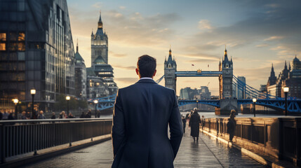  young businessman walking in front of London Bridge - obrazy, fototapety, plakaty