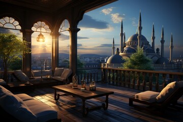 Mosque's serene rooftop terrace overlooking a bustling city, Generative AI