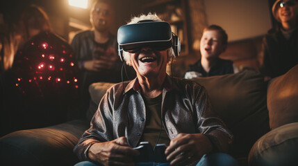 Happy family gamer of little granddaughter and grandparents in vr glasses playing video games enjoy virtual world in living room. Entertainment technology online together at home.