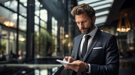 Young business executive in a stylish suit standing alongside the windows of a modern office, holding a digital tablet and looking confidently at the camera - Powered by Adobe