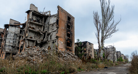 destroyed and burned houses in the city Russia Ukraine war