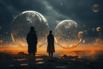 Two lovers in weird science fiction world landscape with giant bubbles in the air - obrazy, fototapety, plakaty