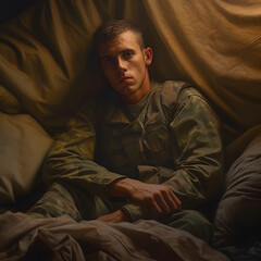 soldier in a military camp. the loneliness of being away from home and the harsh realities of military life