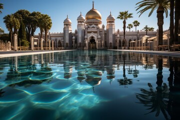 Reflection of a mosque in a calm, reflective pool, Generative AI.
