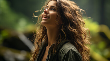 Naklejka premium Curly Haired Woman with a Stunning Headshot and Long Hair