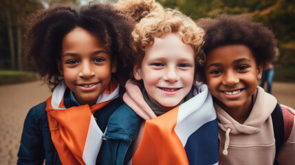 Group of diverse kids holding a flag. Educate and celebrate different nationalities and countries - obrazy, fototapety, plakaty