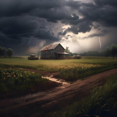 farm in the middle of a thunderstorm, the power of nature and the vulnerability of the land