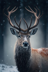 Noble Deer male in winter snow forest