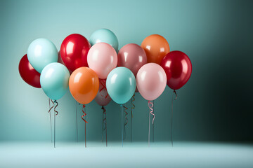 Colorful birthday balloons on pastel blue background.