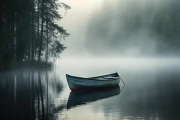 Tuinposter Mistige ochtendstond Boat on the lake, foggy autumn morning