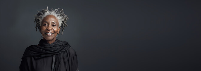 Banner Beautiful elegant mature grey haired middle aged african American woman with perfect skin and smile , with dreadlocks on head on black background, copyspace for text.