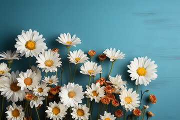  Daisy flowers on pastel blue background.