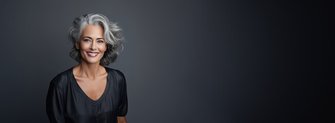 Banner Beautiful elegant mature grey haired middle aged woman with perfect skin and smile , with dreadlocks on head on black background, copyspace for text.