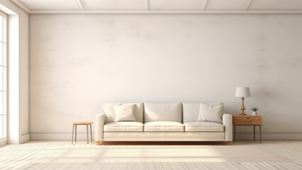 An empty wall in a living room with a sofa and a table with lamp
