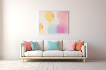 A sofa with colorful cushions and a large abstract painting on the wall in pastel tones