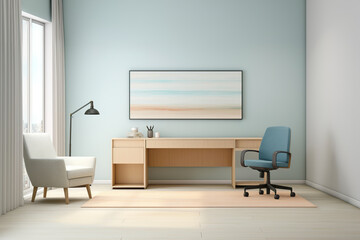 A large horizontal painting above the work desk, a turquoise chair, an armchair, and a wooden table