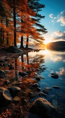 Colorful view of the autumn landscape on the lake. Beauty of nature concept background.Beautiful autumn lake scene