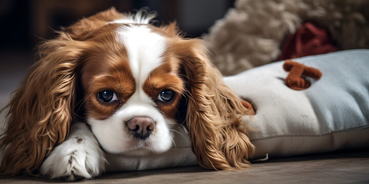 Adult dog cavalier king charles spaniel lies on a balustrade,  Portrait of cavalier king charles spaniel a beautiful breed of dogs , generative ai
