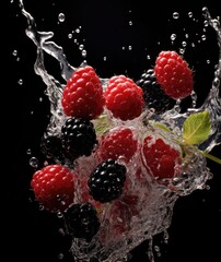 Blackberries falling into the water, splashing