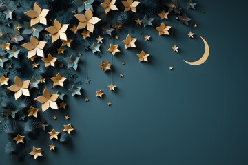 Paper collection of stars and moon on blue background.