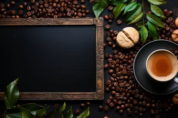 Tuinposter Coffee shop menu board with coffee menu, chalkboard, and brewing equipment, Generative AI © fahmy