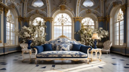 Fototapeta premium Color palette of royal blue, gold, and ivory in a living room, interior design, rococo baroque