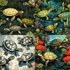 Patterns of Turtles and of frogs illustration  ,ai generated