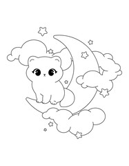 Outline Vector Kawaii Illustration of a Cute Magical Cat on the Moon for a Coloring Page