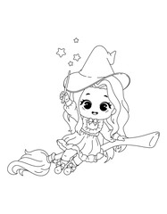 Outline Vector Kawaii Illustration of a Cute Witch on a Broomstick for Coloring Book