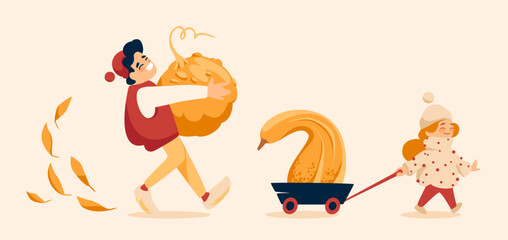 Vector illustration of a boy and girl having fun on autumn season. Carrying pumpkins that they have chosen for carving Jack O'Lantern 