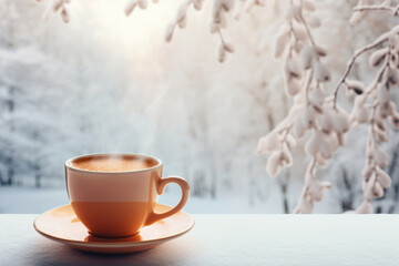 Cup of coffee on the windowsill in cozy room, winter scene outside the window