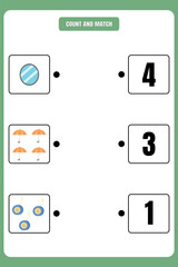 Count and match. Educational math game for kids. Printable worksheet design for kindergarten or elementary students.