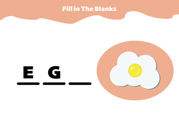 Fill in the blanks. Educational game for kindergarten or elementary students. Printable spelling worksheet for kids. Simple vector illustration of fried egg.