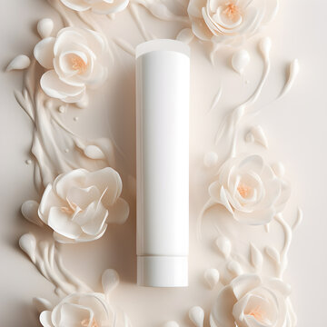 A premium cosmetic tube mock-up is delicately positioned amidst a bouquet of flowers, showcasing innovative front-page design and a flowing texture reminiscent of Mike Cream
