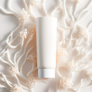 A premium cosmetic tube mock-up is delicately positioned amidst a bouquet of flowers, showcasing innovative front-page design and a flowing texture reminiscent of Mike Cream