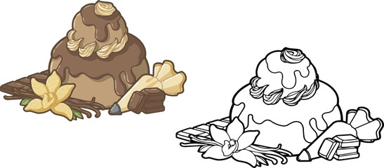 cream puff pastry filled with chocolate - outlines, contours - nice design for logo, patch, icon, illustration for coloring books, or recipes books - kawaii and cute dessert and cake