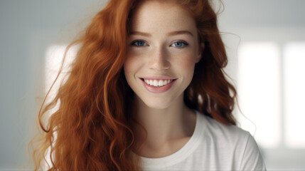 Freckled Euphoria: A Close-Up of a Joyful Young Woman with Wavy Red Hair, a Beaming Smile, and a White T-Shirt, Radiating Happiness on a White Background. - obrazy, fototapety, plakaty