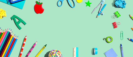 Collection of school supplies overhead view - flat lay