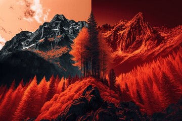 Red forest, mountains in the forest, red mountains, digital art style, illustration painting