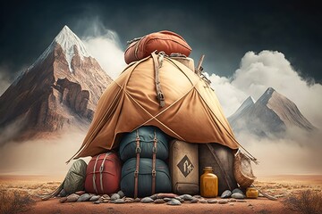 Things travelers in the forest, things on a pile, digital art style, illustration painting