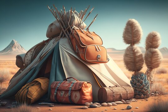 Things travelers in the forest, things on a pile, digital art style, illustration painting
