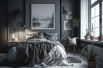 Bedroom in the house, bed in the room, digital art style, illustration painting
